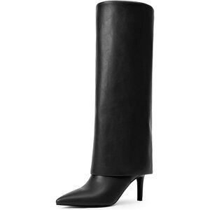 Women's Pointed Toe Long Tall Zipper Shark Fold Over Black Knee High Heel Boots